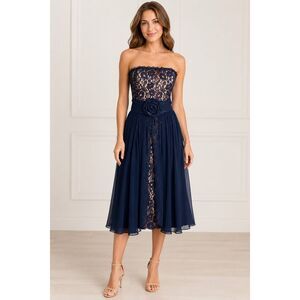 Vintage Strapless Lace Chiffon Midi Dress Navy Blue Deadstock NWT Sz 6